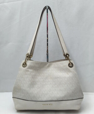 Michael Kors Raven Off White Canvas Leather Trim Shoulder Bag